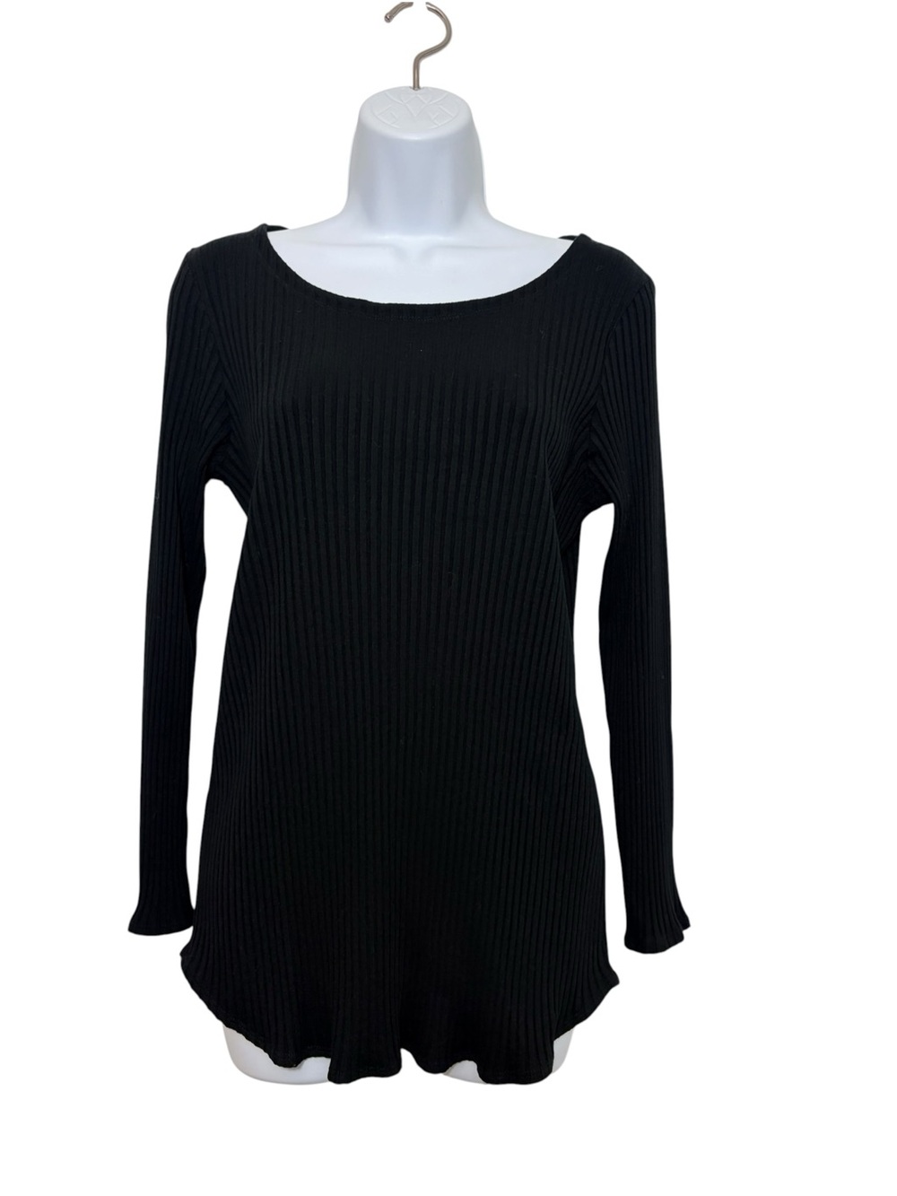 Eileen Fisher Black Ribbed Tencel Stretch Long Sleeve Scoop Neck Tunic Top SP